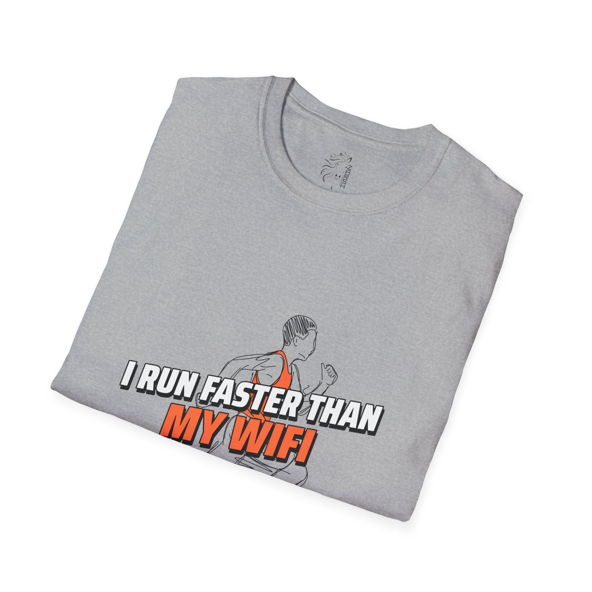 ........PRINTED........Humorous Unisex T-Shirt - I Run Faster Than My WiFi, Funny Gift, Casual Wear, Workout Tee, Tech Humor Tee, Gift for Runners