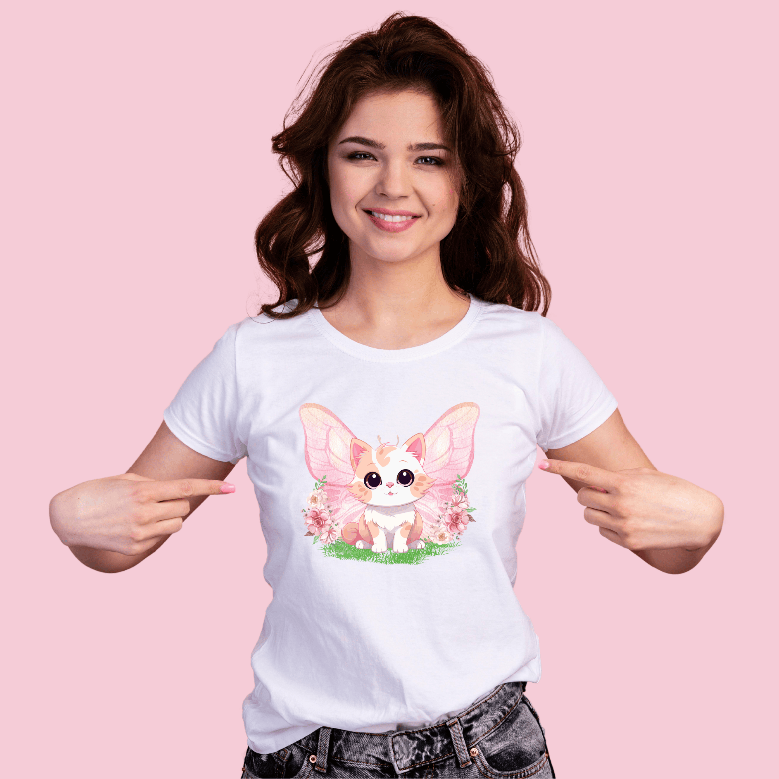 ........PRINTED........Cat Wings Floral Women's Tee, Nature Inspired Shirt, Gift for Her, Spring Fashion, Birthday Present, Casual Wear