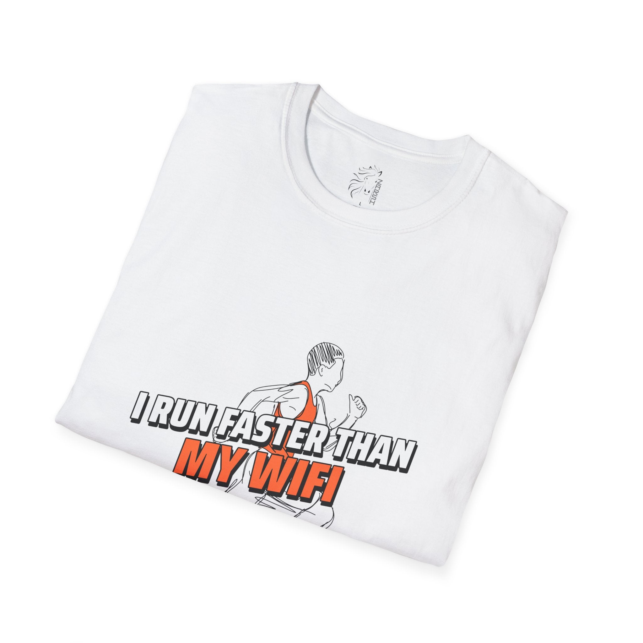 ........PRINTED........Humorous Unisex T-Shirt - I Run Faster Than My WiFi, Funny Gift, Casual Wear, Workout Tee, Tech Humor Tee, Gift for Runners