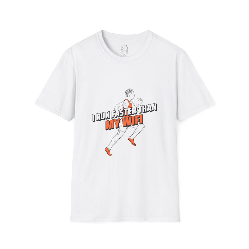 ........PRINTED........Humorous Unisex T-Shirt - I Run Faster Than My WiFi, Funny Gift, Casual Wear, Workout Tee, Tech Humor Tee, Gift for Runners